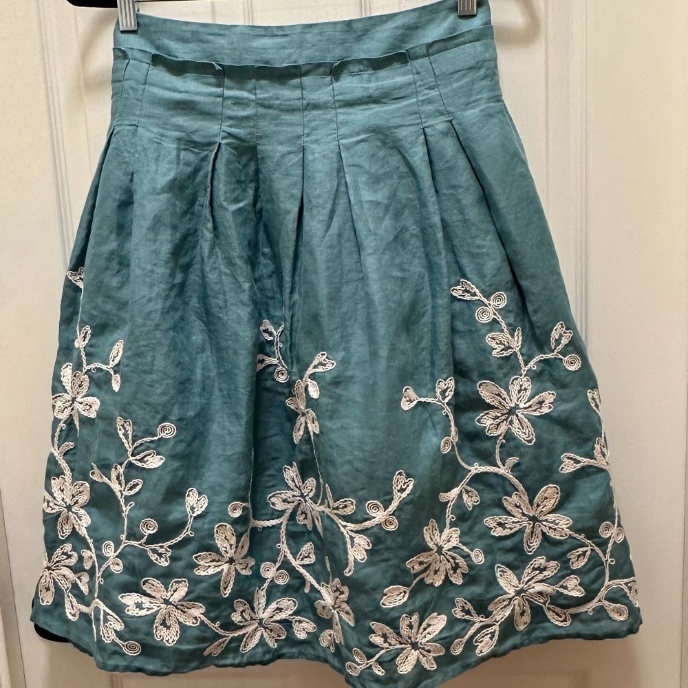 Talbots Teal Midi Skirt with White Floral Embroidery